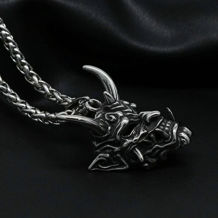 Hannya Oni Mask Pendant Necklace - Gold & Silver Horns