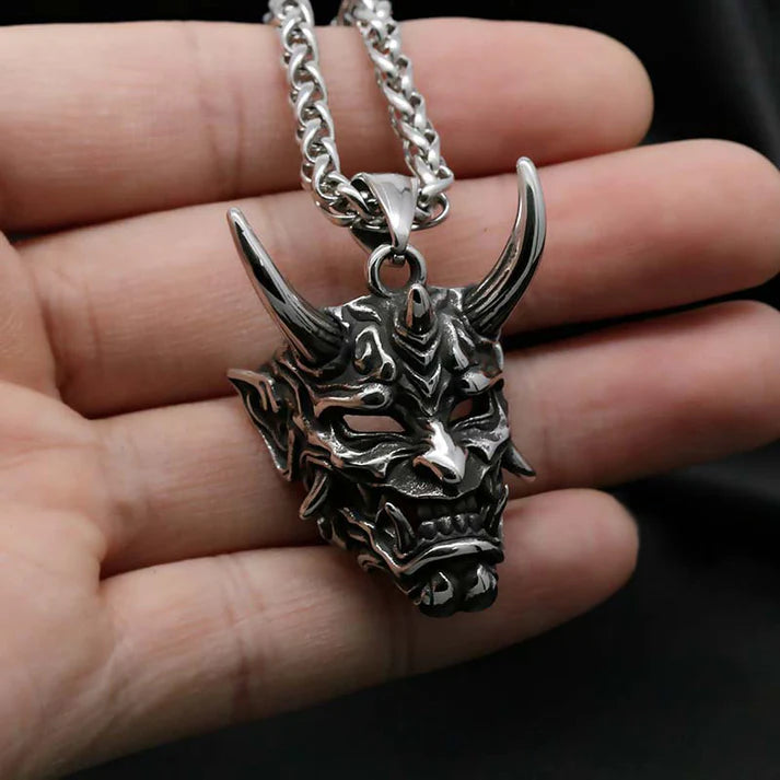 Hannya Oni Mask Pendant Necklace - Gold & Silver Horns