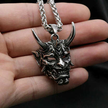 Hannya Oni Mask Pendant Necklace - Gold & Silver Horns