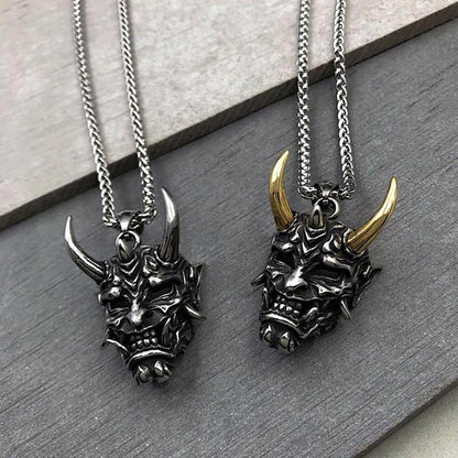 Hannya Oni Mask Pendant Necklace - Gold & Silver Horns