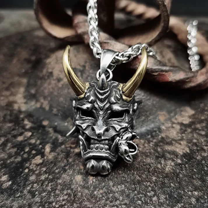 Hannya Oni Mask Pendant Necklace - Gold & Silver Horns