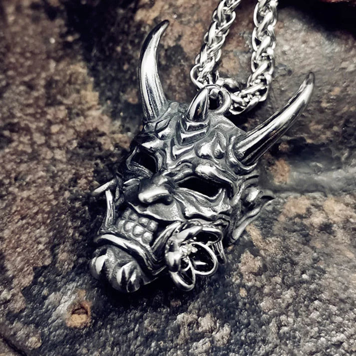 Hannya Oni Mask Pendant Necklace - Gold & Silver Horns