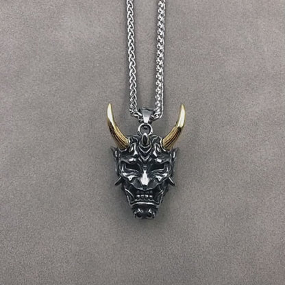 Hannya Oni Mask Pendant Necklace - Gold & Silver Horns